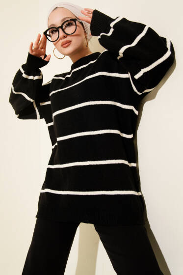 Yatay Çizgili Balon Kol Triko Tunik Siyah - Günün Seçilenleri