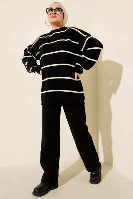 Yatay Çizgili Balon Kol Triko Tunik Siyah - Günün Seçilenleri