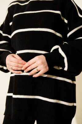 Yatay Çizgili Balon Kol Triko Tunik Siyah - Tunik