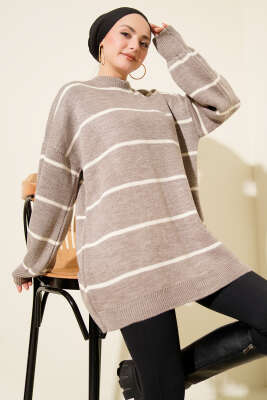 Yatay Çizgili Balon Kol Triko Tunik Taş - Günün Seçilenleri