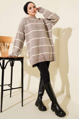 Yatay Çizgili Balon Kol Triko Tunik Taş - Günün Seçilenleri