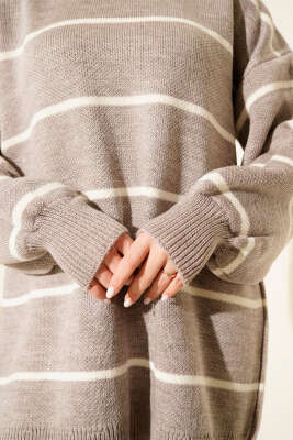 Yatay Çizgili Balon Kol Triko Tunik Taş - Günün Seçilenleri