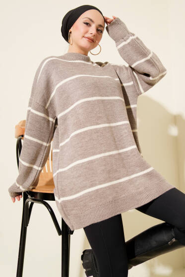 Yatay Çizgili Balon Kol Triko Tunik Taş - Tunik