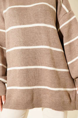 Yatay Çizgili Balon Kol Triko Tunik Vizon - Günün Seçilenleri