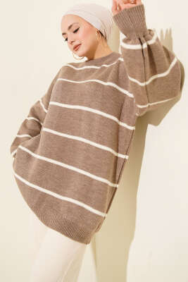 Yatay Çizgili Balon Kol Triko Tunik Vizon - RAFİMİX