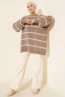 Yatay Çizgili Balon Kol Triko Tunik Vizon - Tunik