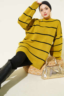 Yatay Çizgili Balon Kol Triko Tunik Yağ Yeşili - RAFİMİX