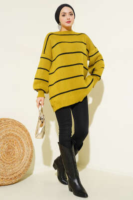 Yatay Çizgili Balon Kol Triko Tunik Yağ Yeşili - Tunik