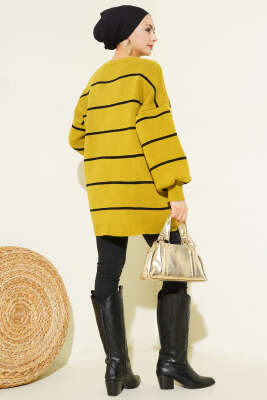 Yatay Çizgili Balon Kol Triko Tunik Yağ Yeşili - Tunik