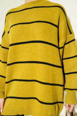 Yatay Çizgili Balon Kol Triko Tunik Yağ Yeşili - Tunik