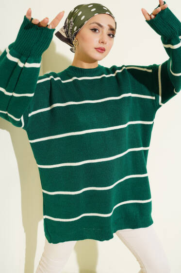 Yatay Çizgili Balon Kol Triko Tunik Zümrüt - Tunik