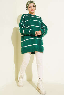 Yatay Çizgili Balon Kol Triko Tunik Zümrüt - Tunik
