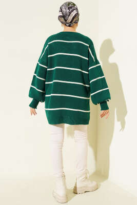 Yatay Çizgili Balon Kol Triko Tunik Zümrüt - Tunik