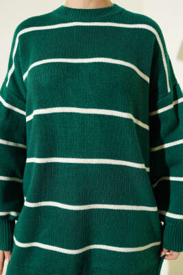 Yatay Çizgili Balon Kol Triko Tunik Zümrüt - Tunik