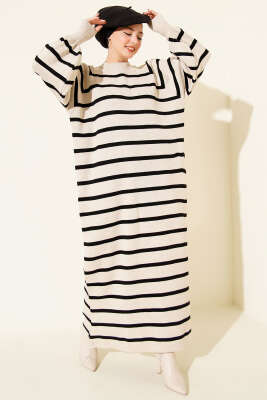 Yatay Çizgili Basic Triko Elbise Bej - RAFİMİX