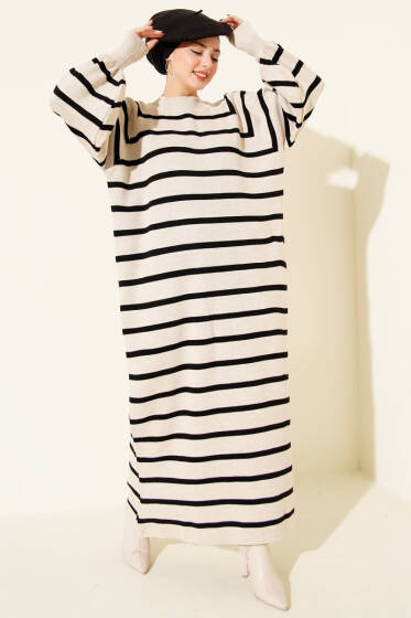 Yatay Çizgili Basic Triko Elbise Bej - Elbise