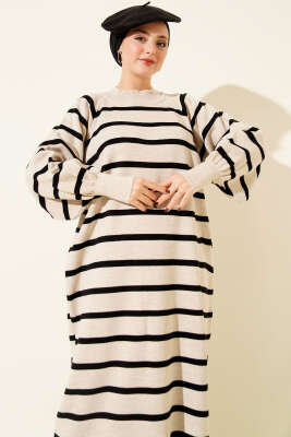 Yatay Çizgili Basic Triko Elbise Bej - Elbise