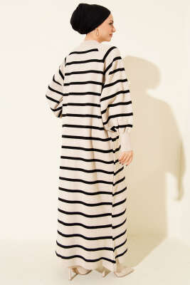 Yatay Çizgili Basic Triko Elbise Bej - Elbise