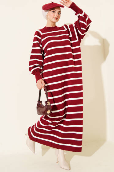 Yatay Çizgili Basic Triko Elbise Bordo - Elbise
