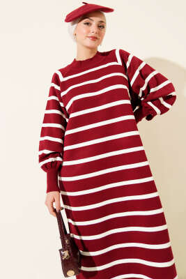 Yatay Çizgili Basic Triko Elbise Bordo - Elbise