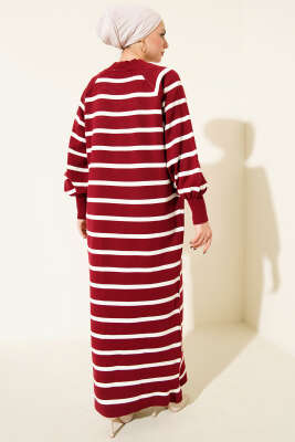 Yatay Çizgili Basic Triko Elbise Bordo - Elbise