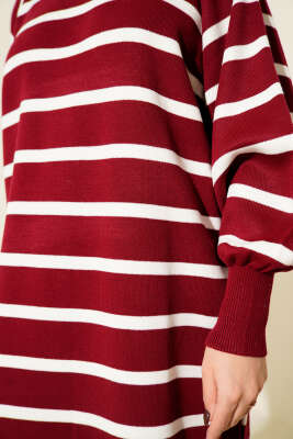 Yatay Çizgili Basic Triko Elbise Bordo - Elbise