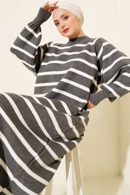 Yatay Çizgili Basic Triko Elbise Füme - Elbise