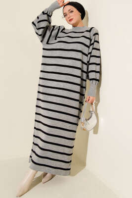 Yatay Çizgili Basic Triko Elbise Gri - RAFİMİX