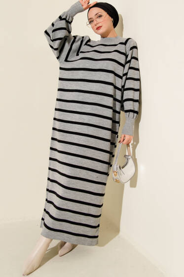 Yatay Çizgili Basic Triko Elbise Gri - Elbise