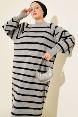 Yatay Çizgili Basic Triko Elbise Gri - Elbise