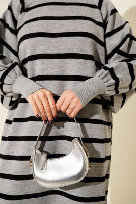 Yatay Çizgili Basic Triko Elbise Gri - Elbise