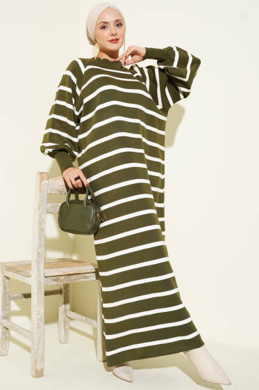 Yatay Çizgili Basic Triko Elbise Haki - Elbise
