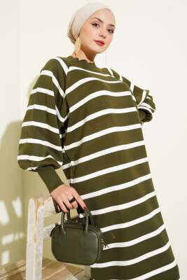 Yatay Çizgili Basic Triko Elbise Haki - Elbise
