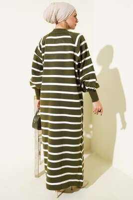 Yatay Çizgili Basic Triko Elbise Haki - Elbise