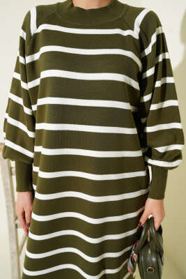 Yatay Çizgili Basic Triko Elbise Haki - Elbise