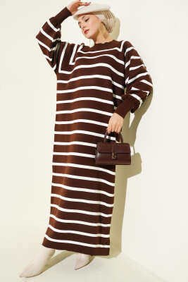 Yatay Çizgili Basic Triko Elbise Kahve - RAFİMİX