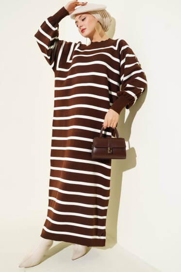Yatay Çizgili Basic Triko Elbise Kahve - Elbise