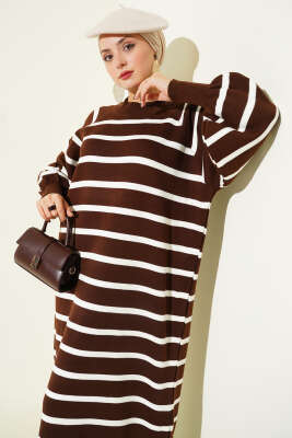 Yatay Çizgili Basic Triko Elbise Kahve - Elbise