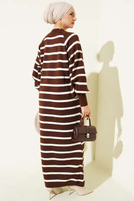 Yatay Çizgili Basic Triko Elbise Kahve - Elbise