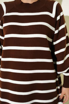 Yatay Çizgili Basic Triko Elbise Kahve - Elbise