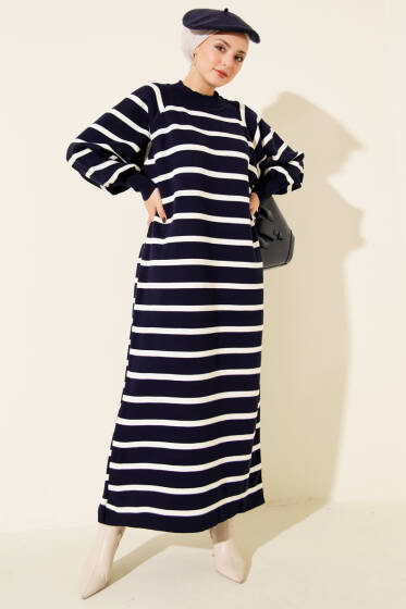 Yatay Çizgili Basic Triko Elbise Lacivert - Elbise