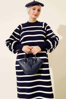 Yatay Çizgili Basic Triko Elbise Lacivert - Elbise