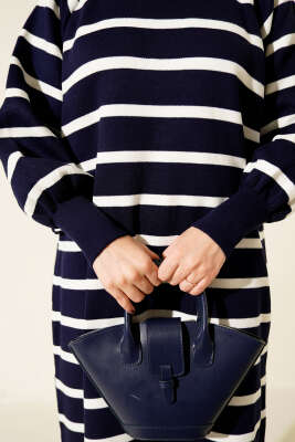 Yatay Çizgili Basic Triko Elbise Lacivert - Elbise