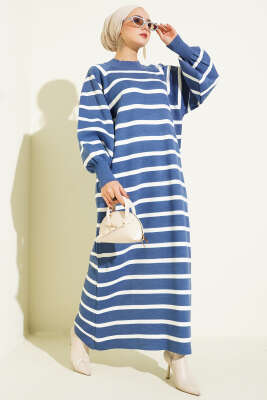Yatay Çizgili Basic Triko Elbise Mavi - RAFİMİX