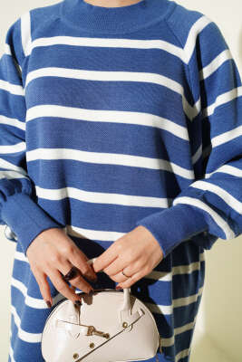 Yatay Çizgili Basic Triko Elbise Mavi - Elbise