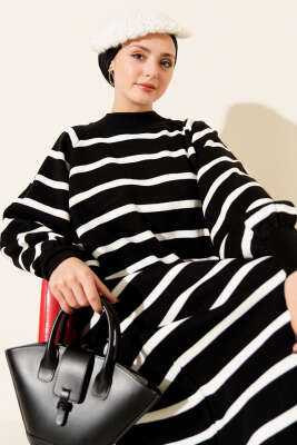 Yatay Çizgili Basic Triko Elbise Siyah - Elbise