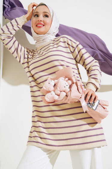 Yatay Çizgili Basic Tunik Menekşe - Tunik