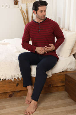 Yatay Çizgili Düğme Detaylı Erkek Pijama Takımı Bordo 