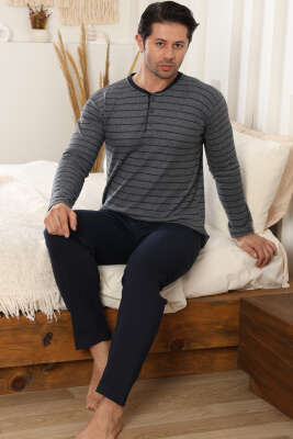 Yatay Çizgili Düğme Detaylı Erkek Pijama Takımı Füme 