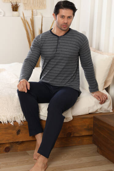 Yatay Çizgili Düğme Detaylı Erkek Pijama Takımı Füme - Pijama